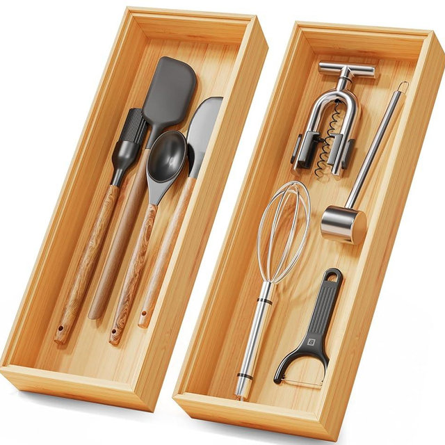 Bamboo Kitchen Drawer Organizer Boxes – 14" x 5" Stackable Wood Silverware Utensil Tray for Drawers Bins Cutlery & Flatware Storage – Wooden Pantry Organizers Set of 2 for Junk Drawer Bathroom Rv
