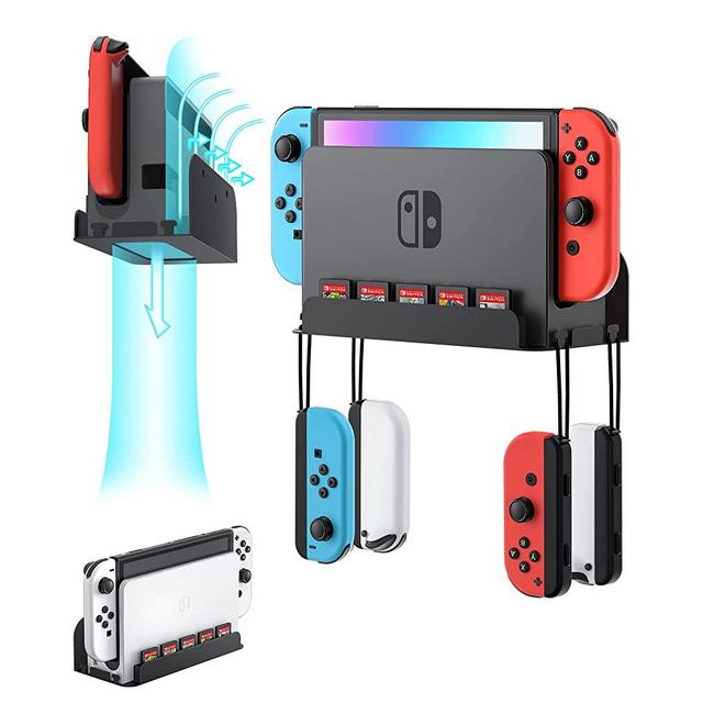 ZAONOOL Wall Mount for Nintendo Switch and Switch OLED, Wall Mount Kit Shelf Stand Accessories with 5 Game Card Holders and 4 Joy Con Hanger, Safely Store Your Switch Console Near or Behind TV (Black)