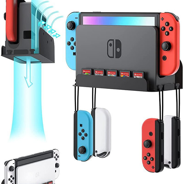 ZAONOOL Wall Mount for Nintendo Switch and Switch OLED, Wall Mount Kit Shelf Stand Accessories with 5 Game Card Holders and 4 Joy Con Hanger, Safely Store Your Switch Console Near or Behind TV (Black)