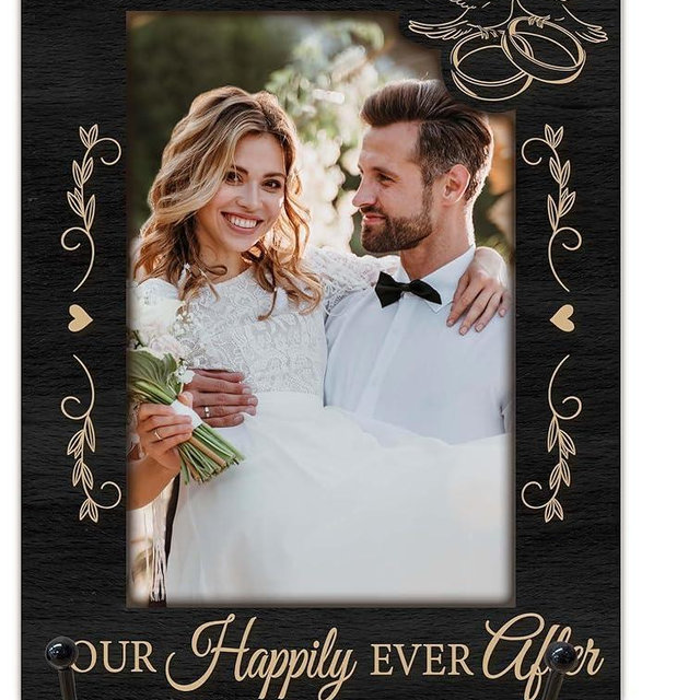 Mr & Mrs Wedding Picture Frame, Mr and Mrs Sign, Our Happily Ever After Photo Frame for 4x6 Photo, Engagement Picture Frames Gifts for Newlywed Couple, Wooden Wedding Frames with Stand for Table-A02