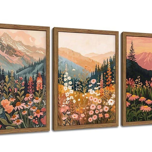 Boho Colorful Landscape wall art Wildflower Mountain Wall Decor Vintage Floral Forest Paintings Rustic Nature Pictures Canvas Prints for Living Room Bedroom Dining Room 12x16 Inch Wood Framed