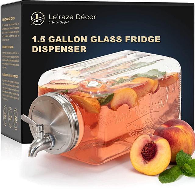 Glass Beverage Dispenser for Parties - 100% Leakproof Stainless Steel Spigot - Drink Dispenser for fridge, Liquid Laundry Detergent Dispenser, Compote & Water Dispenser Countertop, 1.5-Gallon Jug
