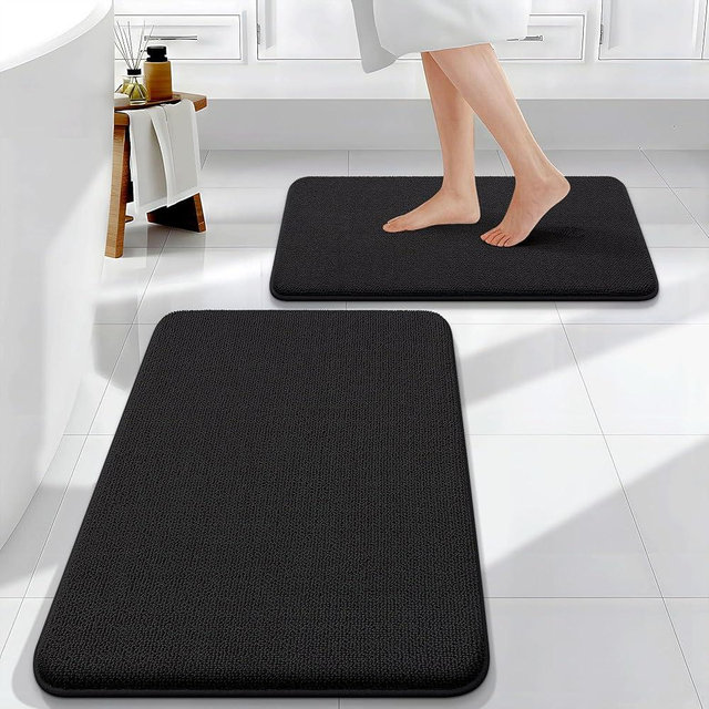 OLANLY Bathroom Rugs Sets 2 Piece, Soft Absorbent Memory Foam Bath Rug Set, Non-Slip, Quick Dry, Machine Washable Bath Mats for Bathroom, Home Decor Accessories (30"x20"+24"x16", Black)