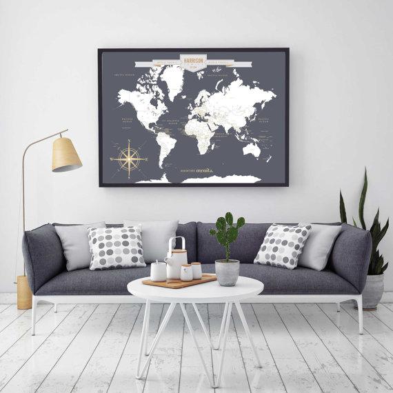 Push Pin Travel Map, World Travels Map, Map Art, World Map Canvas, Travel Map, Push Pin Map // Canvas or Art Print // H-I18-1PS AA4 06P