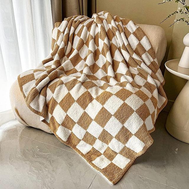 Villcr Fuzzy Checkered Blanket, Throw Blanket for Couch Bed Sofa Travel Camping,Soft Plaid Decorative Throw Blanket for All Seasion 51''x63'' (Brown)