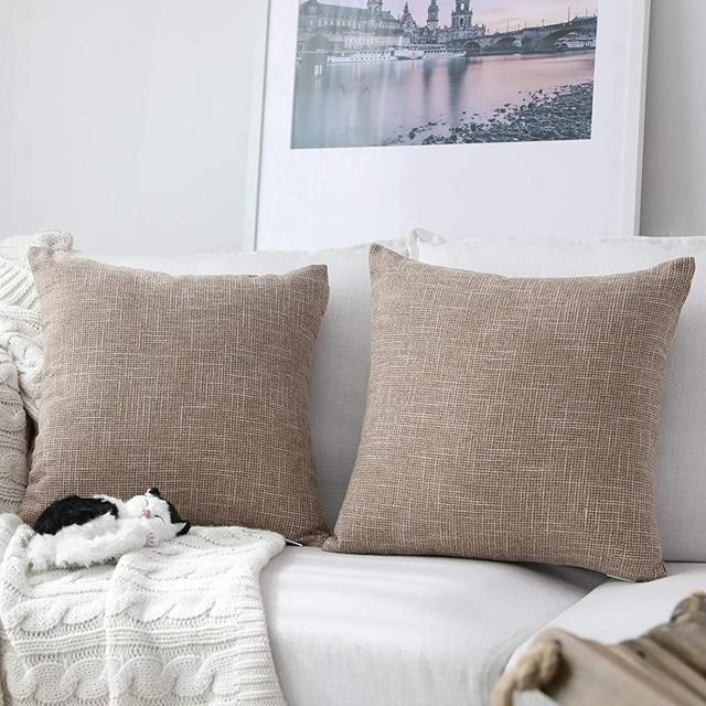 Kevin Textile Set of 2 Decorative Lined Linen Square Throw Pillow Cases Protectors Cushion Covers for Sofa, Natural Linen, 20"x20"