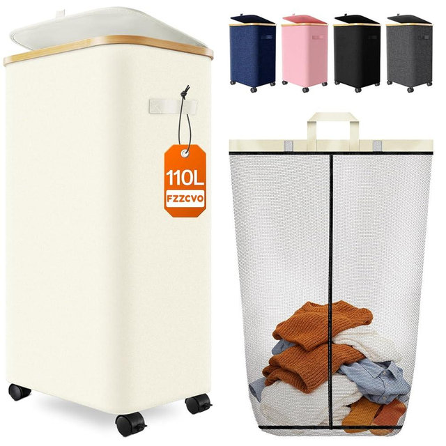 Laundry Hamper with Wheels, 110L Large Clothes Hamper with Removable Inner Bag, Collapsible Dirty Clothes Basket for Dorm, Rolling Dirty Clothes Basket for, Bedroom, Bathroom, Laundry Room