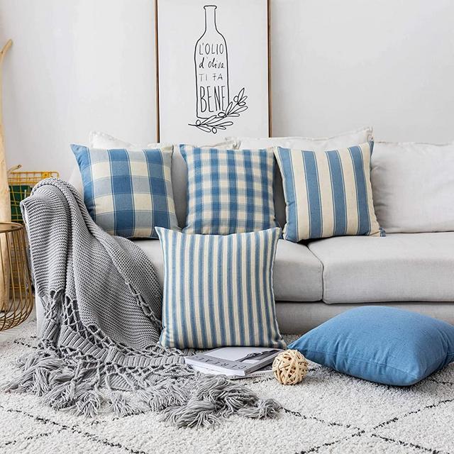 Home Brilliant Throw Pillow Covers Decorative Striped Checker Solid Square Farmhouse Pillow Covers Set for Couch Living Room, 5 Pieces, 18x18 inch (45cm), Dusk Blue