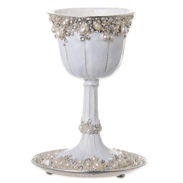 Alba White Jeweled Enamel Kiddush Cup and Tray