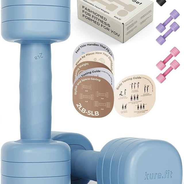 kure.fit Adjustable Dumbbell Set｜2LB 3LB 4LB 5LB Light Hand Weights for Women｜One-Twist Weight Adjustment｜Non-Slip Curved Grip Handle｜Free Weights for Home Gym, Rehab, Pilates, Yoga, Strength Training