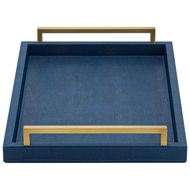 XIGEXIGE Navy Blue Decorative Serving Tray, Shagreen Leather Coffee Table Tray, Rectangle for Home Decor