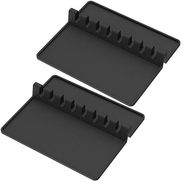 ULG 2PCS Silicone Utensil Rest with Large Drip Pad 8 Slots Heat-Resistant 428℉ Silicone Spoon Rest, 10''x 8.5'' Spoon Rest & Spoon Holder for Stove Top, BBQ Utensil Holder for Spoon, Spatula, Black
