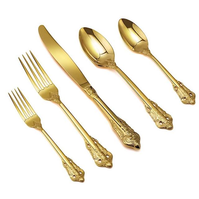 KEAWELL Gorgeous Gold Flatware Box Sets of Steel Knives and Forks,Heavy Tableware Antique Gold Flatware Set,Gold Flatware 18/10 Service for 4,Antique Baroque Gold-plated Style Flatware Set