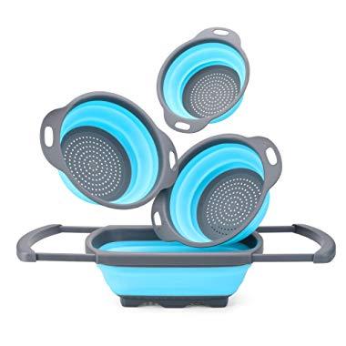 Glotoch Silicone Collapsible Colander Set of 4-Includes 1pc 6 Quart Over the Sink Strainer, 2pc 4 Quart and 1pc 2 Quart Round Folding Strainers.Dishwasher-Safe，BPA Free (Blue&Grey)