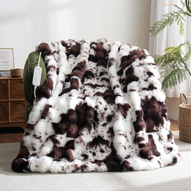 Cow Print Heating Throw Blankets Luxurious Western Soft Bubble Faux Rabbit Fur 8 Heat Settings Overheat Protection Quick Heating Electric Heated Blanket 50"x60"(Brown)