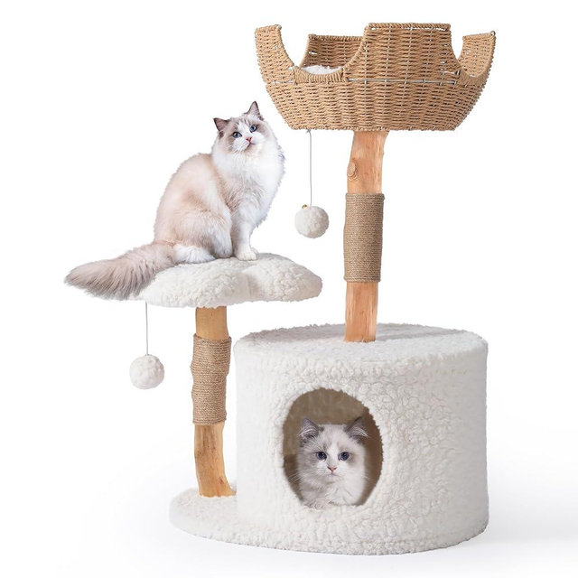 Easyego Modern Cat Tree Tower for Large Cats with Seasonal Universal Mat, Wood Cat Tree Indoor Use, Real Branch Luxury Cat Condo with Scratching Tree, Hiding Enclosure for Cat, Warm White