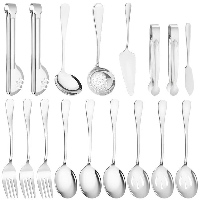 17 Pcs Silver Serving Utensils Set Include Stainless Steel Large Serving Spoons Slotted Spoons Forks Soup Ladle Pie Server - Metal Utensils for Parties Buffet Catering, Dishwasher Safe