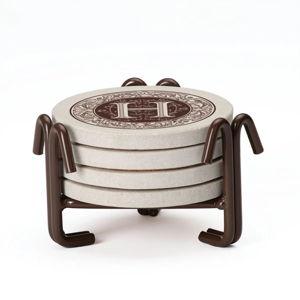 Ophelia & Co. 4 Pack Monogram Sandstone Coasters in Bronze Iron Ram Coaster Holder - Letter H