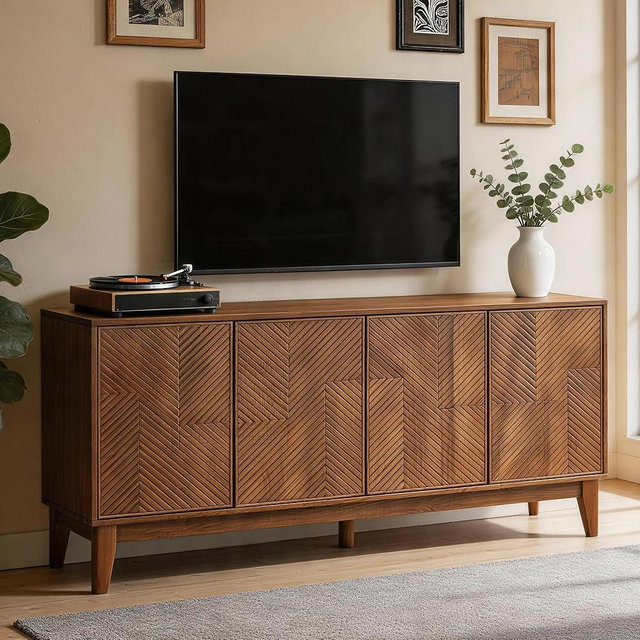 ZIXUANXIMU 56" Mid Century Modern TV Stand, Wood Storage Cabinet with Carved Geometric Doors, 4 Door Media Console, Sideboard Buffet Cabinet for Living Room, Dining Room, Entryway