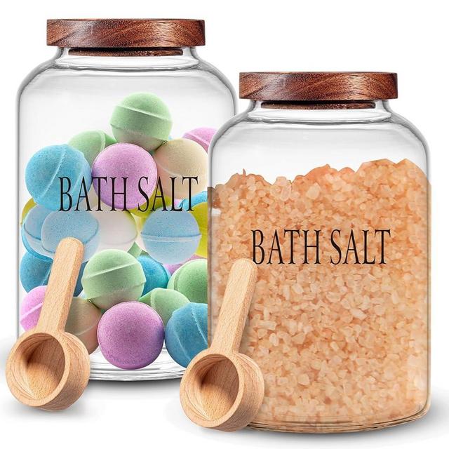 SiliFine 2 Sets 74 oz Large Bath Salt Container with Wooden Scoop for Bath Salt Glass Bath Salt Jar with Airtight Lid Storage Canister for Bath Salt, Food, Flour, Sugar, Cookie, Cereal Kitchen Laundry