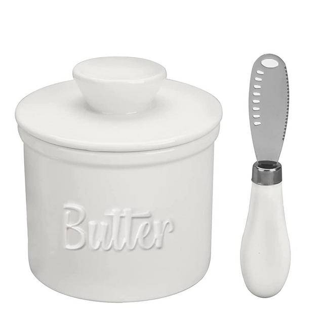 Butter Crock, French Butter Keeper with Water Line for Counter, The Original Porcelain Butter Dish with Knife. Gift for Thanksgiving, Christmas and Mother’s Day, White, JSHKY.