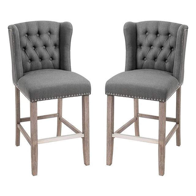 HOMCOM 2 Piece Counter Height Barstools Kitchen Breakfast Stools with Nailhead-Trim and Tufted Back, Solid Wood Legs, Deep Grey
