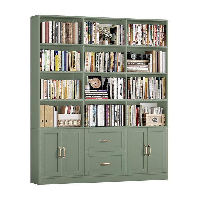 HOSTACK 71" Tall Triple Wide Bookshelf with Doors & Drawers, Modern Wood Bookcase for Storage, 6-Tier Large Bookcase with Display Shelves, Space-Saving Bookshelf for Living Room, Home Office, Green