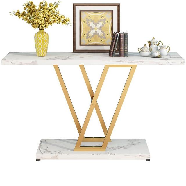 42 Inch Console Table for Entryway, Narrow Sofa Table for Living Room, Stable Metal Frame & Easy Assemble,Gold/White Color