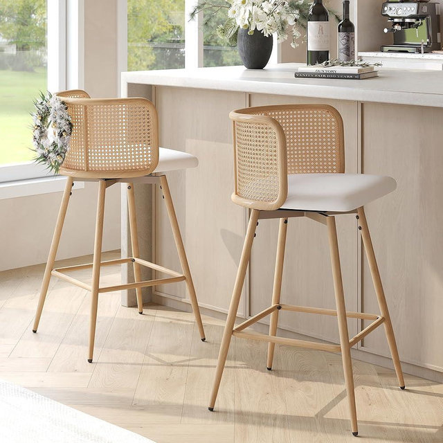 TYBOATLE Swivel Rattan Bar Stools Set of 2, 26” Counter Height Stools with Natural Rattan Woven Back and Faux Leather Seat, Mid-Century Modern Island Chairs Barstools for Kitchen, White (2, White)