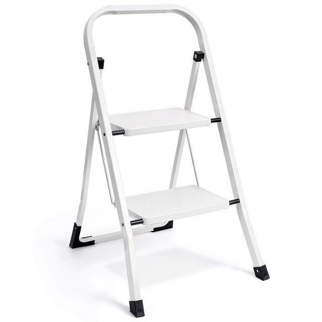 Delxo 2 Step Ladder Folding Step Stool Ladder with Handgrip Anti-Slip Sturdy and Wide Pedal Multi-Use for Household and Office Portable Step Stool Steel 330lbs White (2 feet)