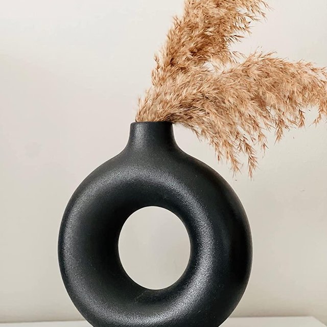 Black Vase for Pampas Grass, Black Vases Home Decor, Black Ceramic Vase, Black Round Vase, Black Room Decor, Clay Vase Black, Black Donut Vase Modern Decor, 7.5" Tall