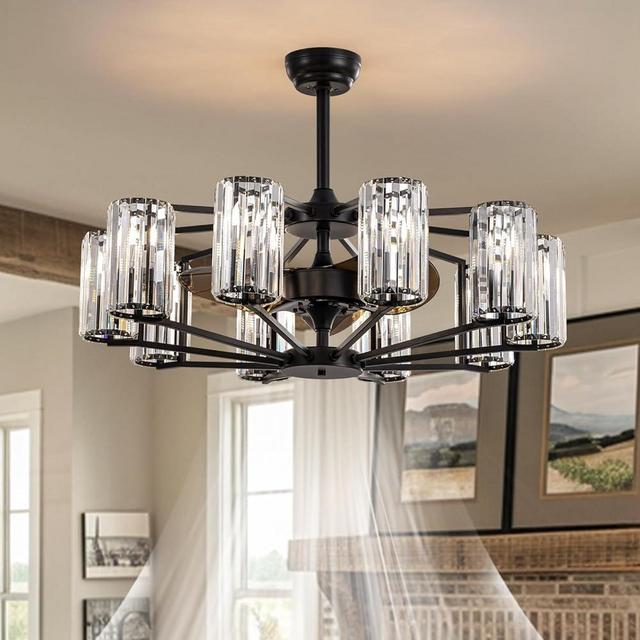 LUDOMIDE Ceiling Fans with Lights 36" Chandelier Fan Vintage Low Profile Ceiling Fan with Light and Remote 10 Lights Crystal Large Fandelier Light Fixture for Living Room Dining Room Hotel Foyer
