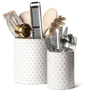 LE TAUCI Kitchen Utensil Holder for Countertop - 7.1"+5.4" Ceramic Utensil Crock Set of 2, Large Cooking Utensil Organizer for Spatula, Spoon, Whisk - Farmhouse Storage, Embossed, Clover