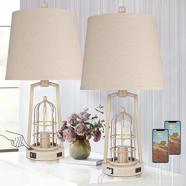 WIHTU Set of 2 Farmhouse Table Lamps with USB Ports, 3-Way Dimmable Bedside Touch Lamp, Bedroom Nightstand Lamp with AC Outlet, Rustic Industrial Desk Lamps for Living Room Reading, Bulbs Included