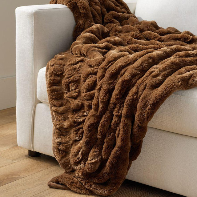Faux Fur Ruched Throw, Tobacco, 60" x 80"
