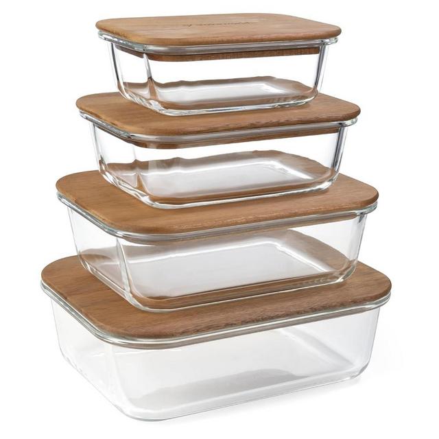 dokaworld Glass Food Storage Containers With Acacia Lids – Glass Meal Prep Containers – Set of 4 Airtight Stackable Food Storage Kitchen Containers – Eco-Friendly Oven Safe Nesting Lunch Containers