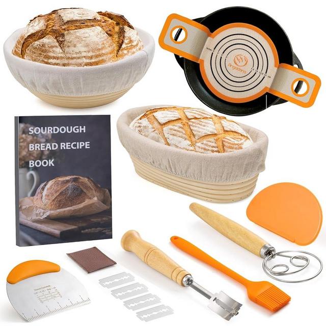 Sourdough Starter Kit, Sourdough Bread Baking Supplies, 9" Round & 10"Oval Rattan Banneton Bread Proofing Baskets Set, Bread baking tools,Silicone bread Sling