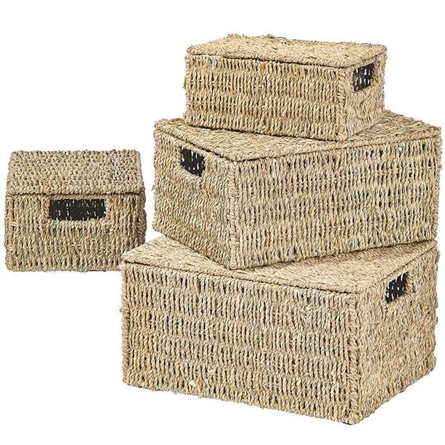 Artera Rectangular Wicker Storage Basket with Lid and Insert Handles, Decorative and Functional Nesting Basket Set, Storage Baskets for Organizing Bedroom, Bathroom, Laundry Room or Kitchen (Set of 4)