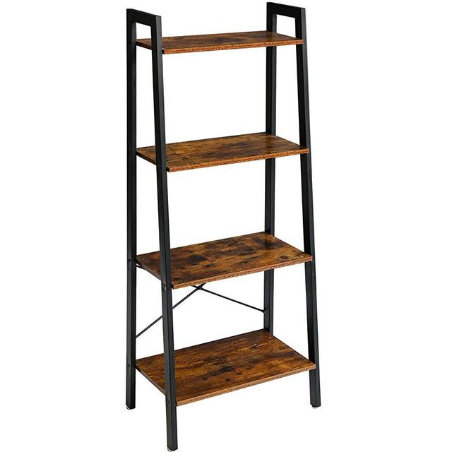 YMYNY Industrial Ladder Shelves, 4-Tier Bookshelf with Metal Frame and Wood Look, Standing Organizer Shelf for Bathroom, Living Room Office, Rustic Brown UTMJ014H