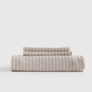 European Linen Fitted Sheet Set in Natural/White Stripe