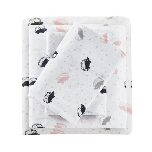 Queen Printed Cotton Flannel Sheet Set Pink/Gray Hedgehog