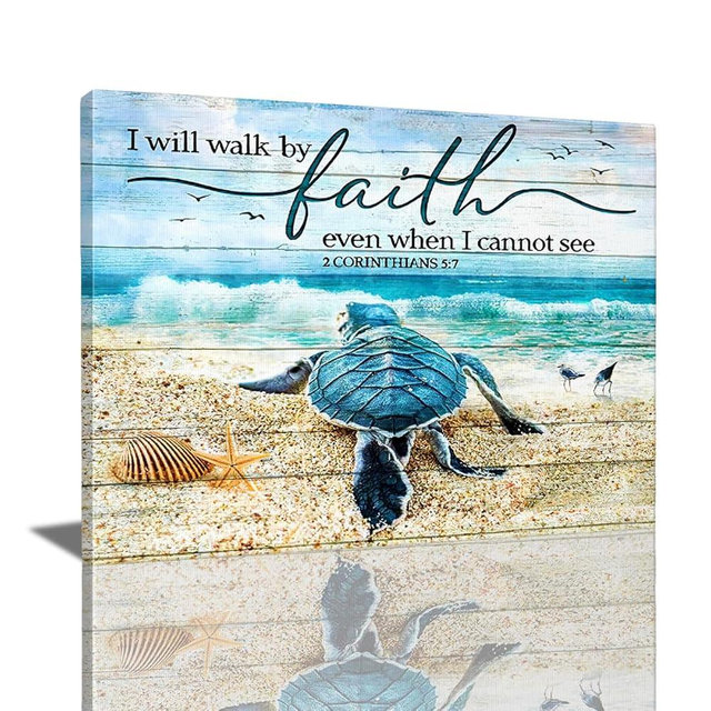 Tourrest Scripture Holy Bible Wall Art Teal Sea Turtle Walk by Faith Canvas Print Quotes Framed Artwork Blue Ocean Beach Coast Scenery Poster Motivational Animal Large Wooden Wall Décor, 16 x 12 in