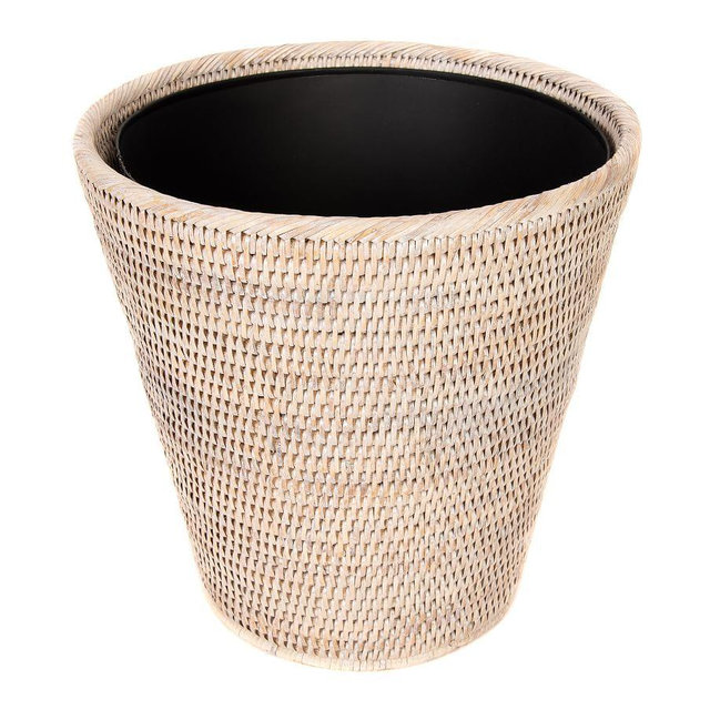 White Wash Tava Handwoven Rattan Round Tapered Waste Basket with Metal Liner