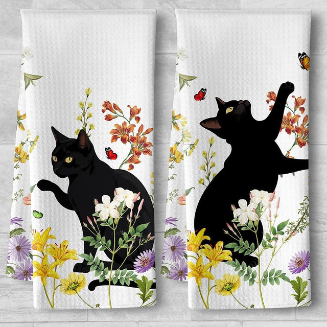 Kitchen Towels Decorative Set,Cat Towel,Cat Kitchen Towels,Cat Hand Towel,Cat Dish Towels,Floral Kitchen Towels,Funny Hand Towels,Cat Kitchen Accessories,Crazy Cat Lady Gifts,Black Cat Gifts for Women