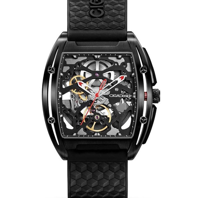 CIGA Design Z Series Automatic Mechanical Watch, Luxury Skeleton Wristwatch Tonneau with Leather and Silicone Strap Stainless Steel Business Dress Waterproof Timepiece Gifts for Men and Women