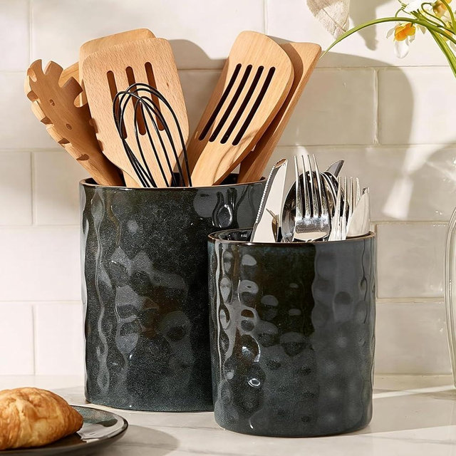 famiware Ocean Utensil Holder, 7.2"+5.8" Ceramic Kitchen Utensil Holder for Countertop, Cooking Utensil Crocks, Utensil Organizer for Spatula & Spoon, Kitchen Decor, Set of 2, Deep Forest