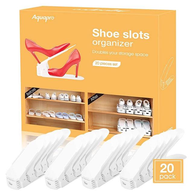 AQUAPRO Shoe Slots Organizer, Adjustable Shoe Stacker Space Saver, Double Deck Shoe Rack Holder for Closet Organization (20-Pack)(White)