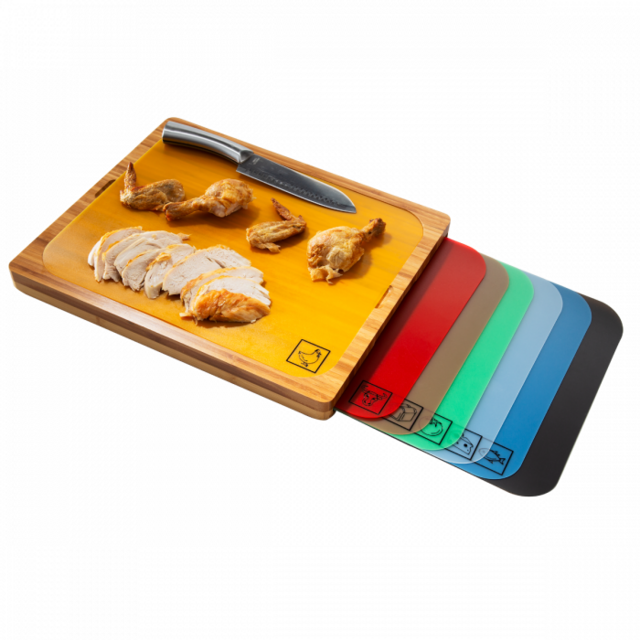 Bamboo Cutting Board and 7 Color-Coded Cutting Mats With Food Icons Set