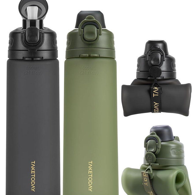 TakeToday Collapsible Water Bottles 20oz, Leak Proof, BPA-Free, Foldable Silicone Travel Water Bottle with Straw Strap for Cycling, Hiking, Outdoors