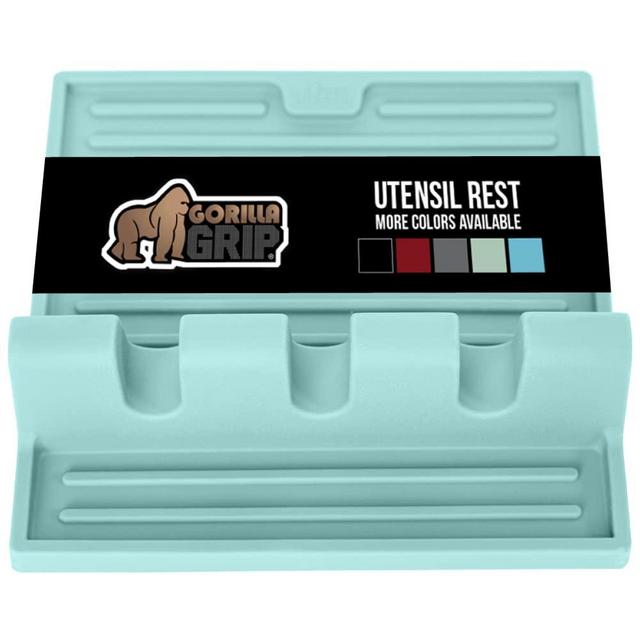 Gorilla Grip Heat and Slip Resistant Silicone Spoon Rest, Patent Pending, Long Drip Pad, Fit Multiple Utensils, Ladles, Prevent Countertop Mess, Kitchen Organizer, Dishwasher Safe, 3 Slot, Mint